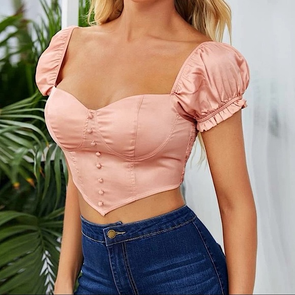 Puff Sleeve Satin Milkmaid Top - Picture 1 of 6